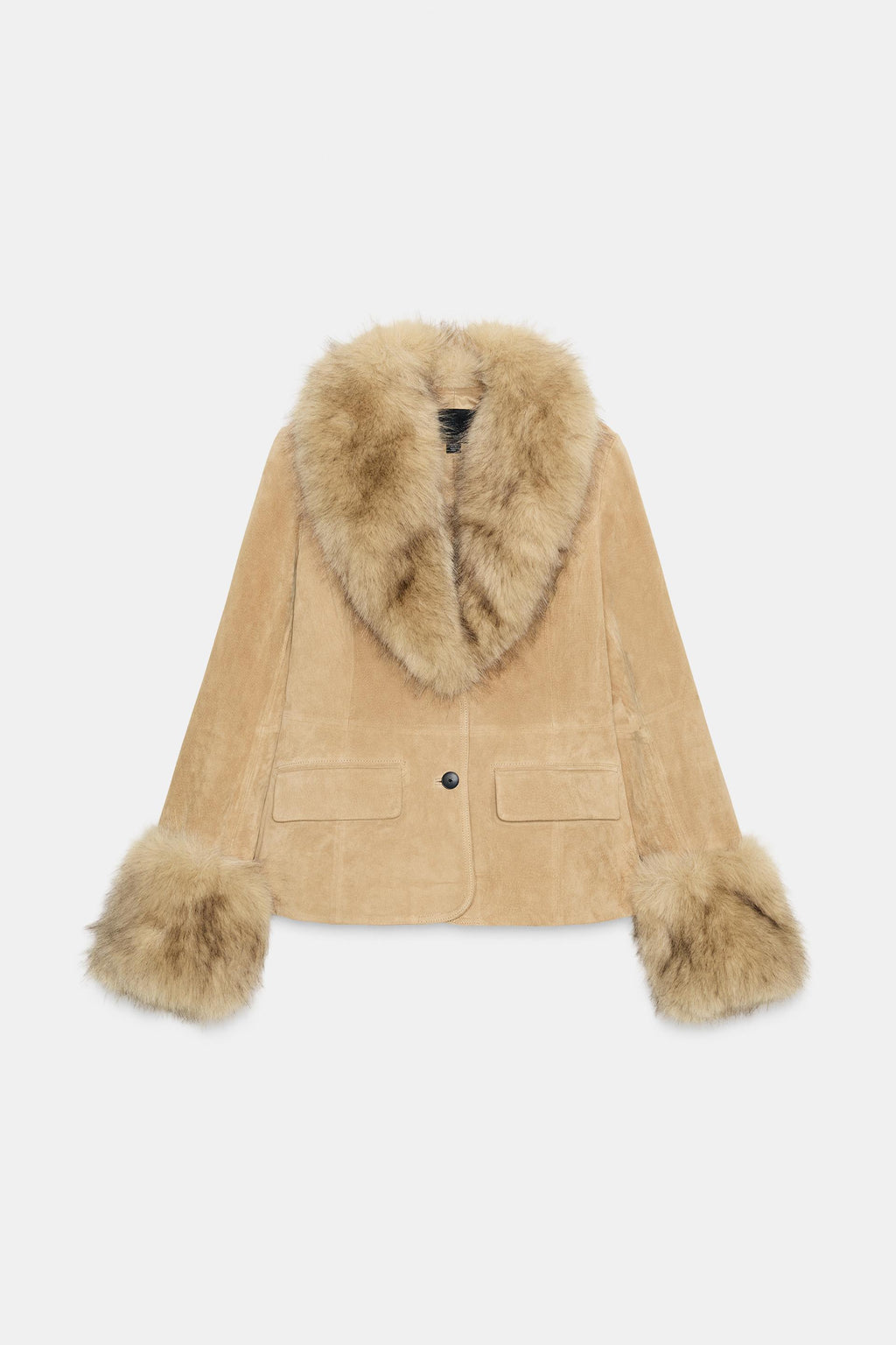Beige coat with fur trim on a white background