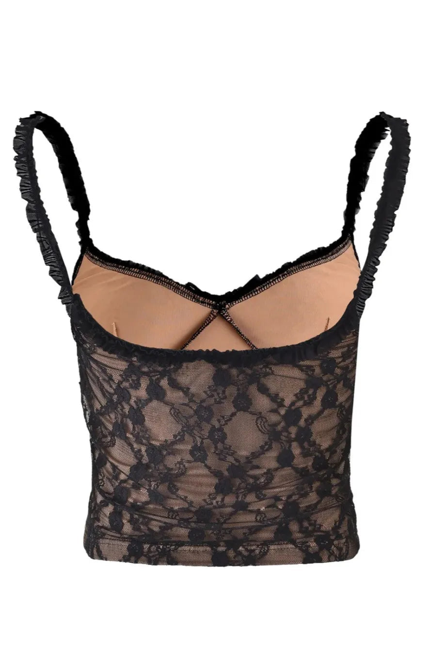 Black lace camisole with thin straps on a white background
