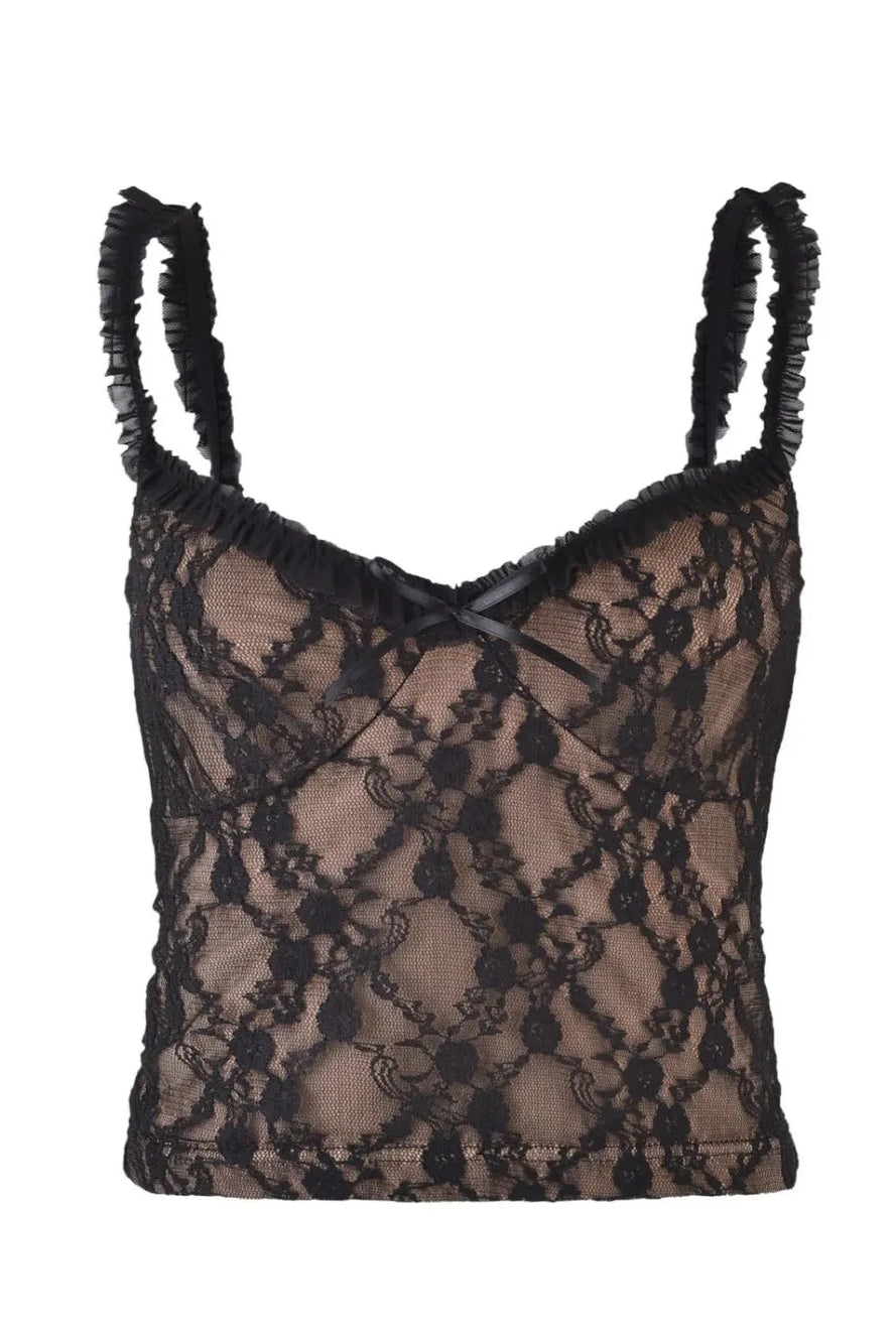 Black lace tank top with thin straps on a white background